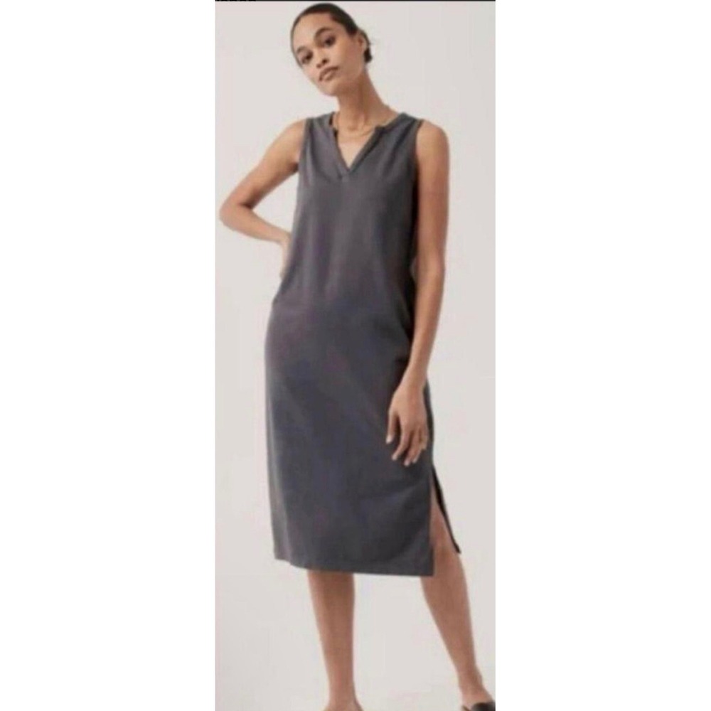 Pact Organic Cotton Sleeveless Notched V-Neck Midi Shift Dress Gray Small